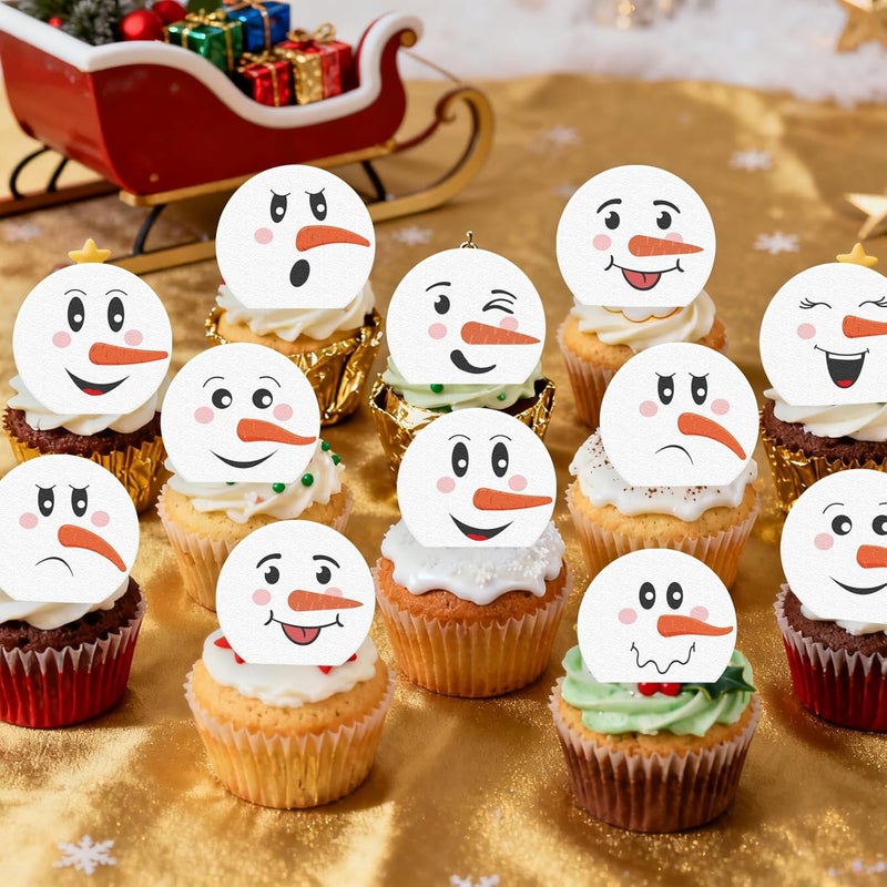 Fyeoxle 36PCS Snowman Face Cupcake Toppers Wafer Paper Winter Snows Cupcake Decor Snowman Dessert Picks for Merry Christmas Theme Holiday Party Baby Shower Supplies - Image 4